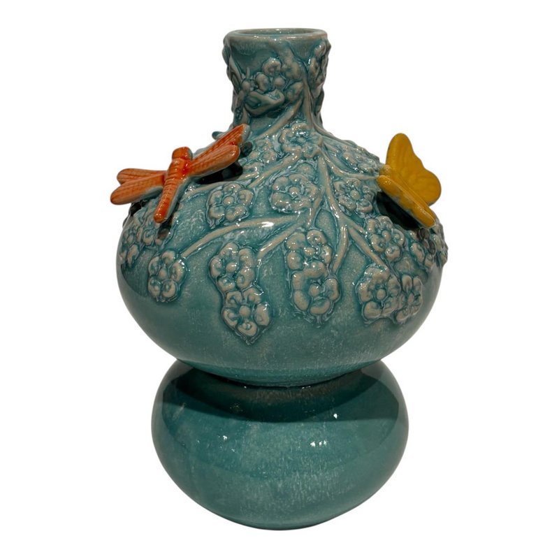 Vase with butterflies green-blue 11x11x17cm