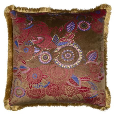 Cushion velvet golden fringes floral taupe 45x45cm*