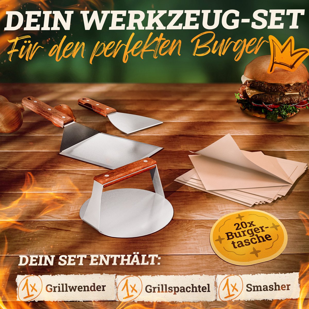Burger Smasher & grill spatula set [4-pc.] Stainless steel with acacia wood handle for Plancha, grill plate, gas grille & fire plate