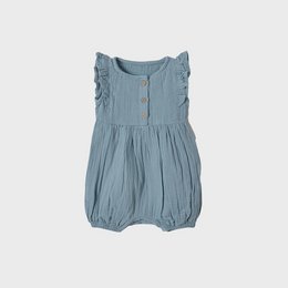 Organic muslin romper with frills in aqua color, available in sizes 0-3M, 3-6M, 6-12M, 12-18M, 18-24M.