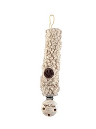 Beige knitted pacifier cord with brown wooden beads and smiley face charm detail.