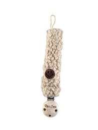 Beige knitted pacifier cord with brown wooden beads and smiley face charm detail.