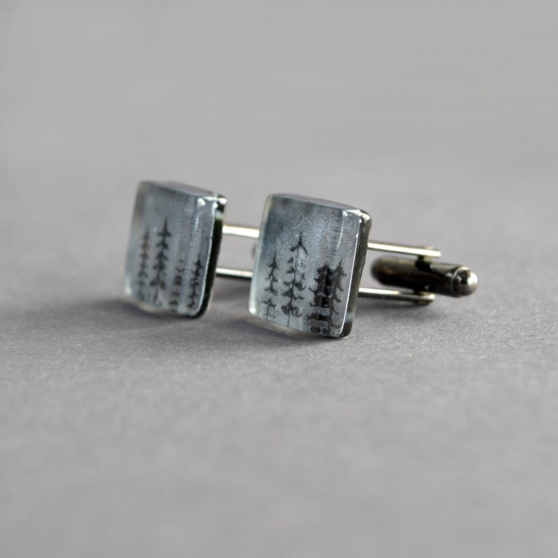 Cuff links with pine trees, Unique gift for men