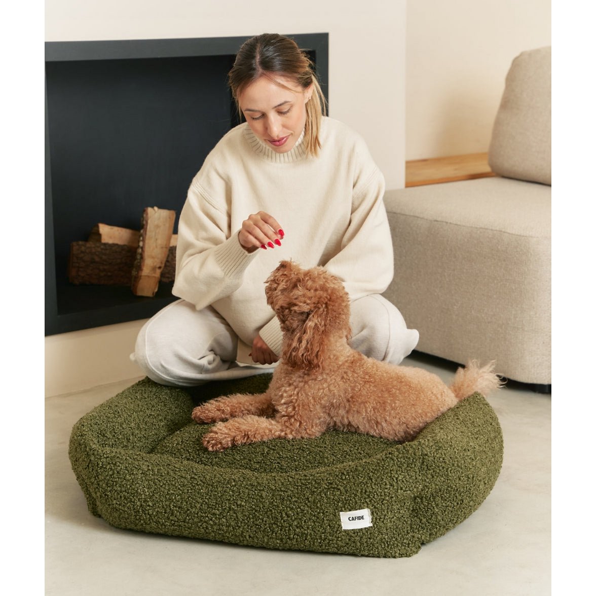 Green Sheepskin Dog Bed, Snozy