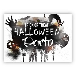 Spooky Halloween party invitation card with cats, ghosts, and other Halloween elements. Includes envelope and blank insert.