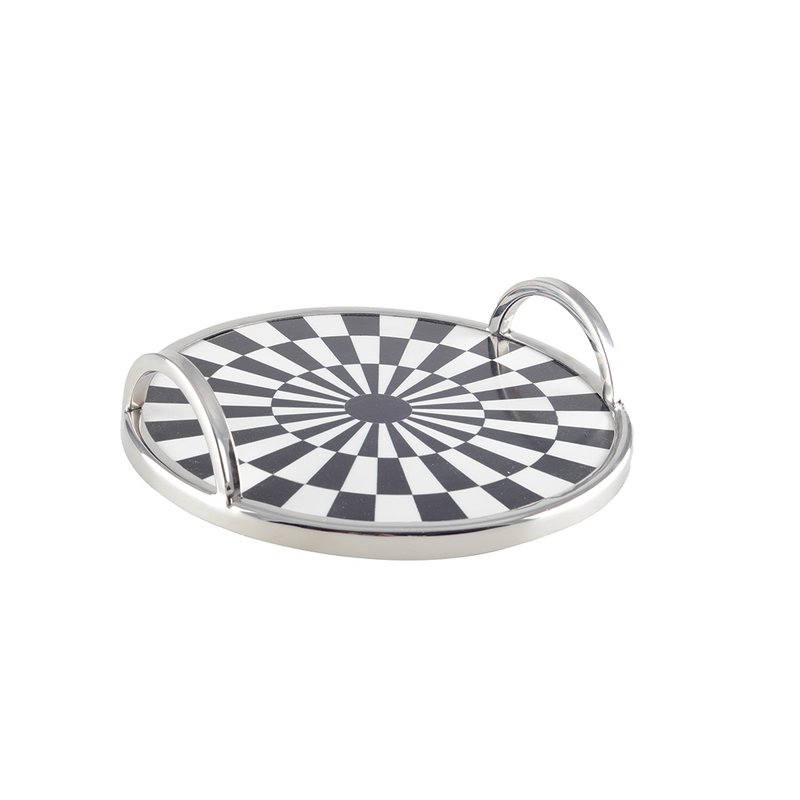 Round tray black and white tiles 28x28x6cm