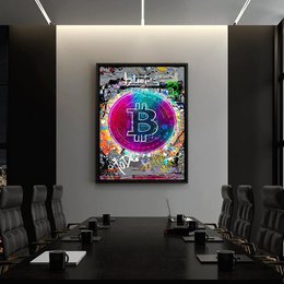 Colorful Bitcoin plexiglass image, available in various sizes, featuring a vibrant, abstract design with the Bitcoin symbol in the center.