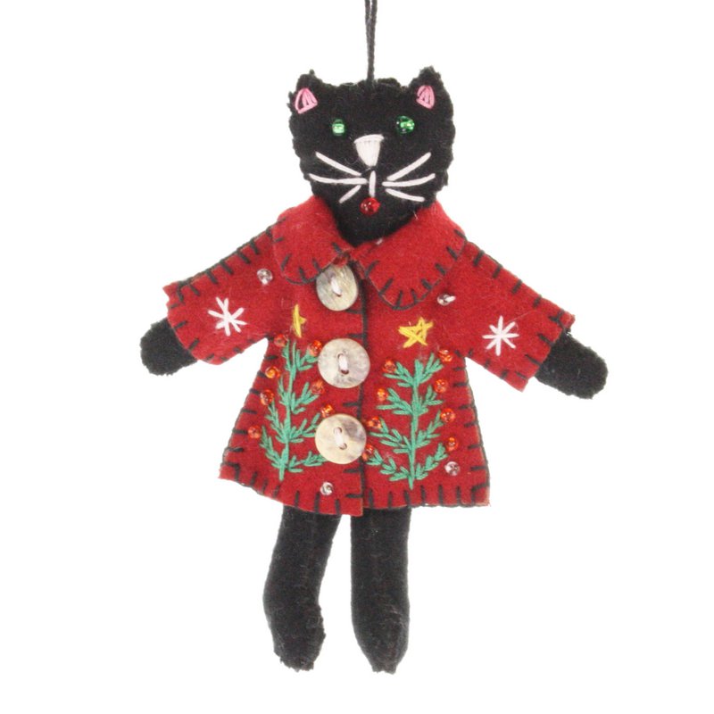 Kat met kerstjas rood/ zwart, vilt 