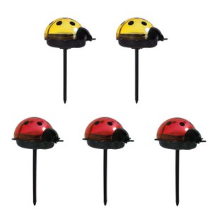 Solar decorative skewers "Ladybug" 5 Set, 7.8 x 6 cm, 14.2 cm high, plastic in black, red and yellow, three red and two yellow beetles in the set, integrated LEDs, cold white