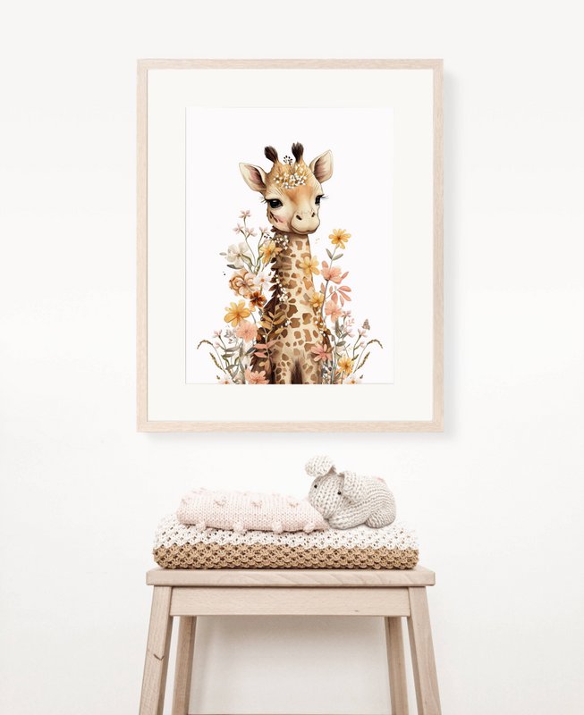 Giraffe nursery poster, giraffe poster, floral nursery print, mother and baby giraffe poster, nursery giraffe print, wildflowers print, girls nursery poster, girls room decoration