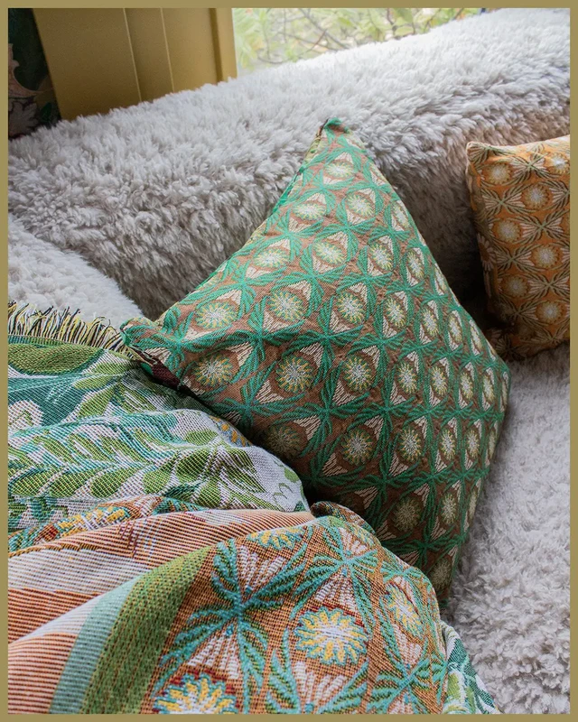 NIN-NIT Cojín Nature Classique | 100% algodón tejido | decorativo con estampado de flores y hojas de la naturaleza | verde | morado | marrón | beige | ocre | azul | turquesa | multicolores | 50x50cm