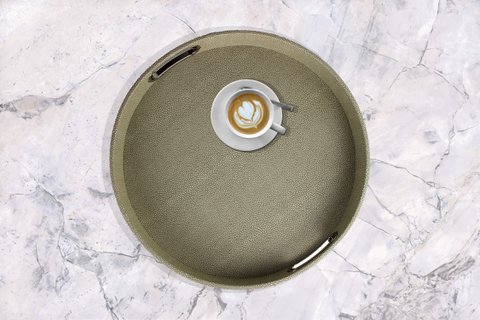 Tray round synthetic leather stingray green with stainless steel handles