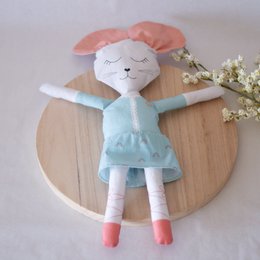 Soft plush toy rabbit in pastel colors with closed eyes and pink ears, suitable for arts and crafts projects.