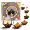 ErblühTee-Geschenkset im modernen Blumen-Design mit Glaskanne, Schwarztee (6 Teerosen / 3 Sorten)