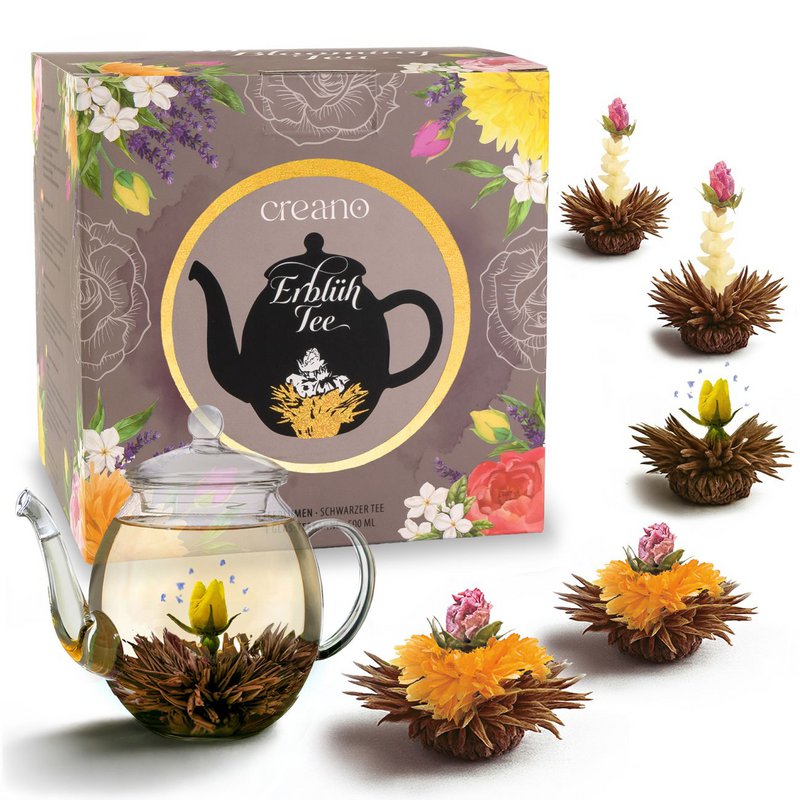 Blooming tea giftset in modern bloemmotief met glazen kan, zwarte thee (6 theeroosjes / 3 soorten)