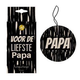 Car fragrance pendant in the shape of a heart with the word "PAPA" printed on it. The pendant is designed as a gift for fathers.