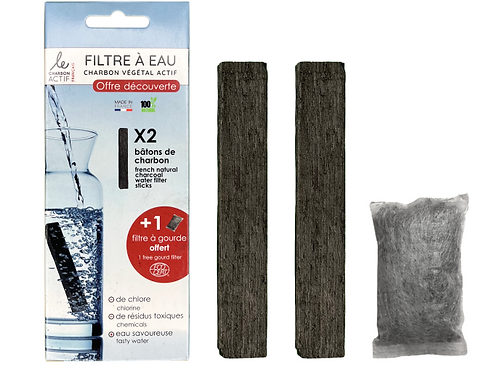 Pack descubrimiento 2 barritas de carbón francés + 1 botella de filtro de regalo