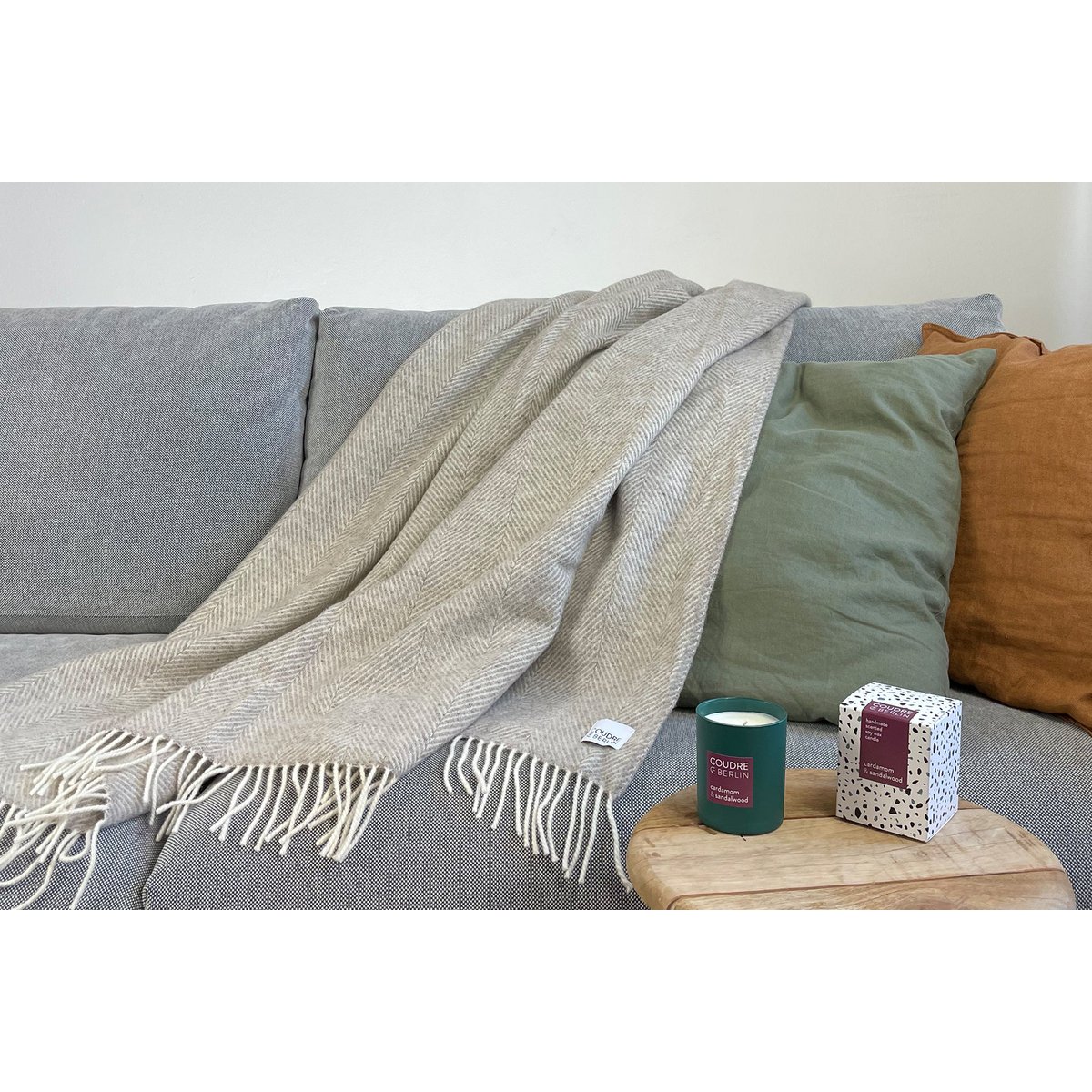 Wool blanket / cuddly blanket herringbone limestone