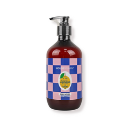 Amber glass pump bottle, checkered blue pink pattern, lemon bergamot basil scent, vegan body lotion.