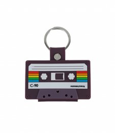  Mustard cassette-shaped cable tidy with retro rainbow stripes and a silver ring for hanging.