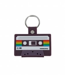 Mustard cassette-shaped cable tidy with retro rainbow stripes and a silver ring for hanging.