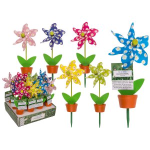 Colorful windmill in a plant pot, 6 pinwheels sorted