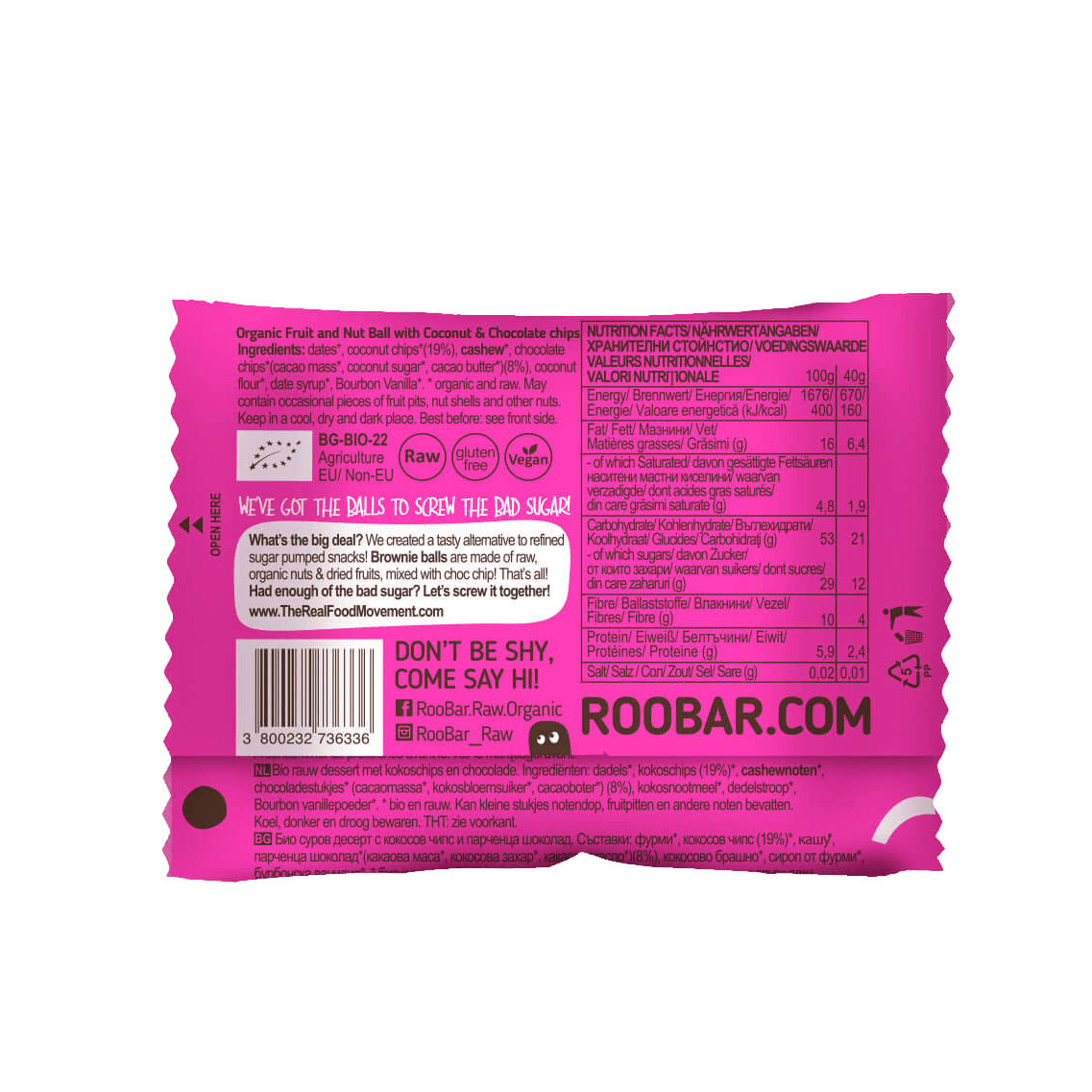 Brownie Ball Coconut Choc Chip, organic, Roobar, 40g