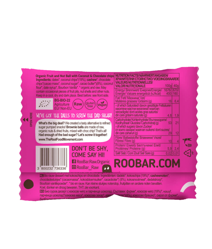 Brownie Ball Coconut Choc Chip, organic, Roobar, 40g