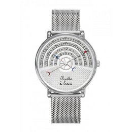 A silver-toned stainless steel watch with a mesh bracelet and a decorative dial featuring a circular pattern and a small seconds subdial.