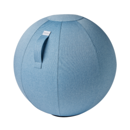 Ice blue round ball chair, fabric upholstered sphere seating, modern minimalist design with handle detail