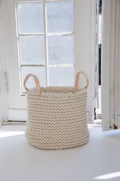 Strikkekurv med læderhåndtag - 40cm x 40cm x 40cm - rund