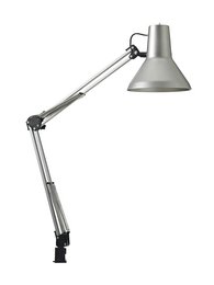 A silver-colored desk lamp with an adjustable arm and a round, minimalist shade. The lamp has a sleek, modern design that would complement a variety of office or home decor styles.