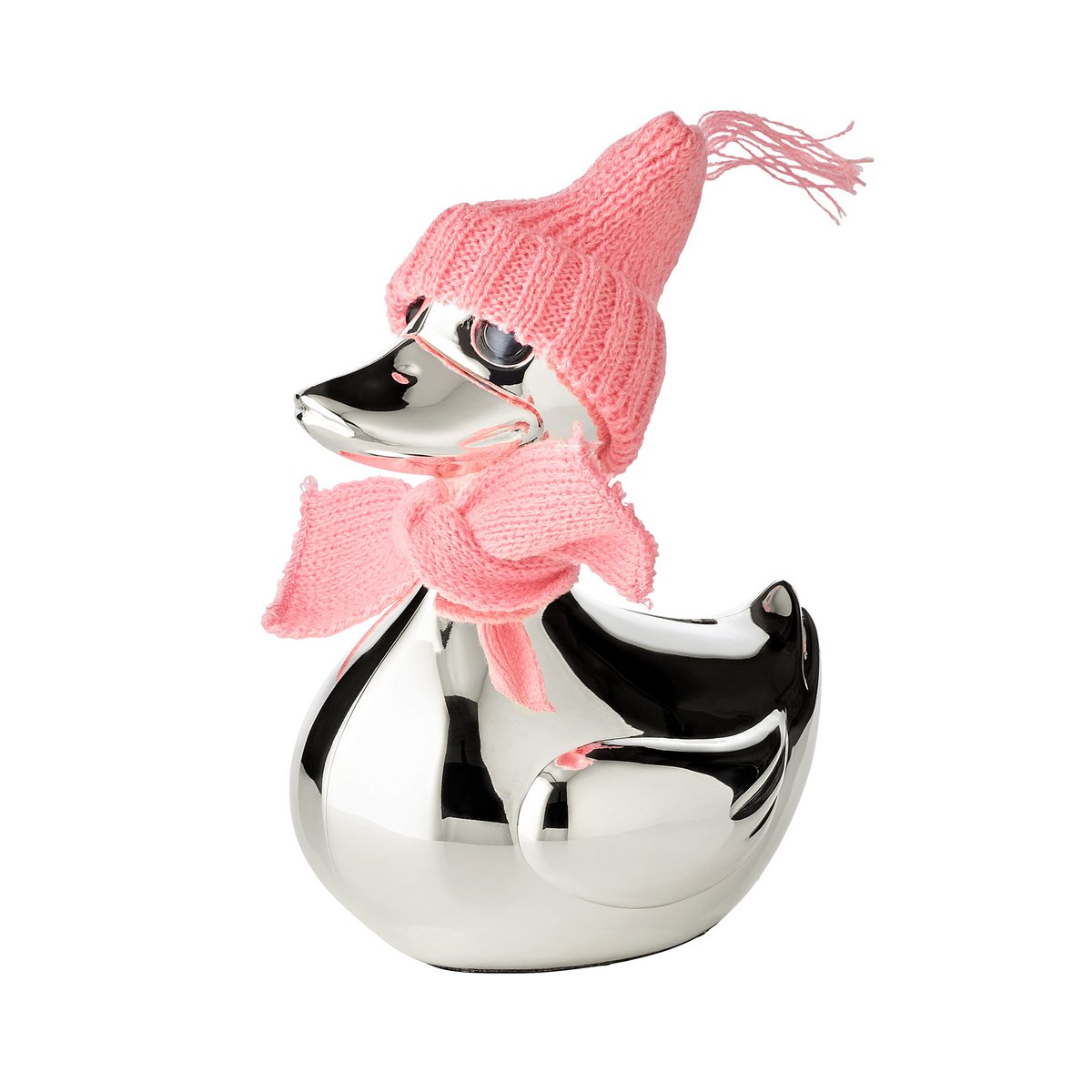 EDZARD money box duck, silver-plated, tarnish-resistant, height 13 cm, with scarf & hat in pink and light blue