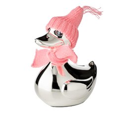 EDZARD money box duck, silver-plated, tarnish-resistant, height 13 cm, with scarf & hat in pink and light blue