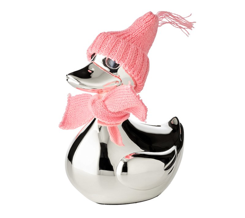 EDZARD money box duck, silver-plated, tarnish-resistant, height 13 cm, with scarf & hat in pink and light blue