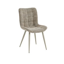 Upholstered dining chair with a tufted backrest and metal legs in a neutral beige tone.