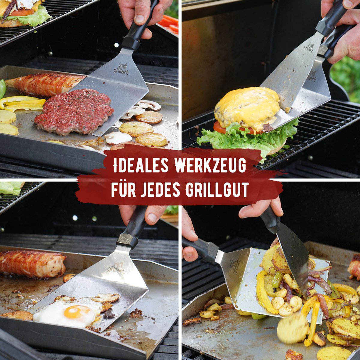 Premium grill spatula made of high -quality stainless steel for smashed burger incl. 30 pieces of pouring paper - grill spatula for Plancha & Teppanyaki - grill turner made of stainless steel - ideal grill accessories