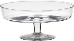  A clear glass bowl on a pedestal, suitable for serving desserts or other small dishes. The bowl has a simple, elegant design that would complement a variety of home decor styles.