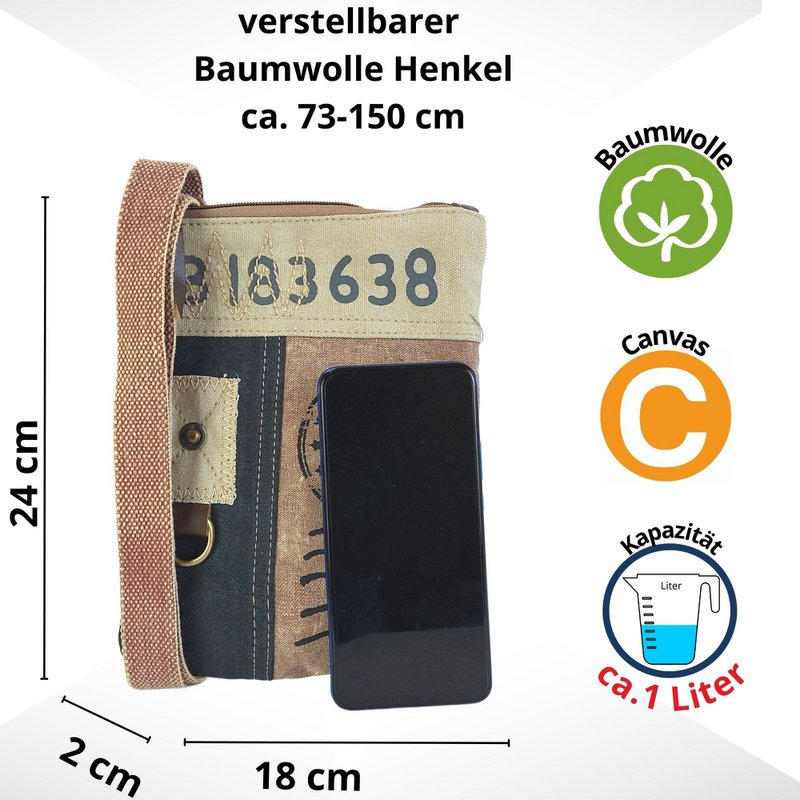 Sunsa lille skuldertaske til kvinder. Crossover taske lavet af kanvas & læder. Crossbody taske i vintage retro stil.