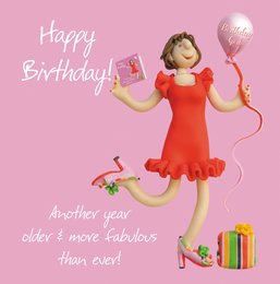 A festive birthday card featuring a young woman in a red dress holding a gift and a balloon, with the text "Happy Birthday! Another year older & more fabulous than ever!"