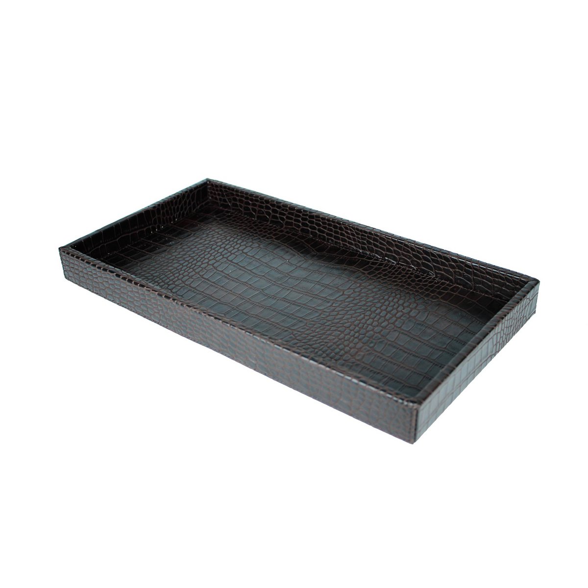 Servir le plateau rectangulaire en cuir synthétique kroko brun foncé