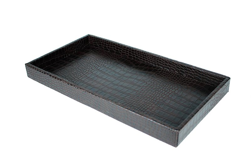 Servir le plateau rectangulaire en cuir synthétique kroko brun foncé