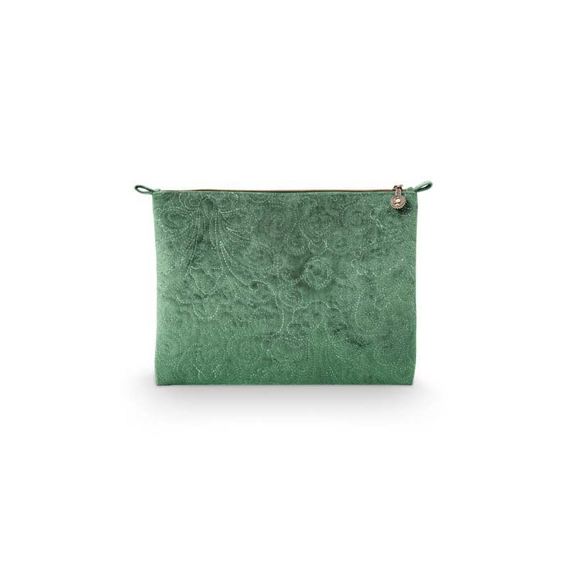 Cosmetic Flat Pouch Large Velvet Quilted Green 30x22x1cm