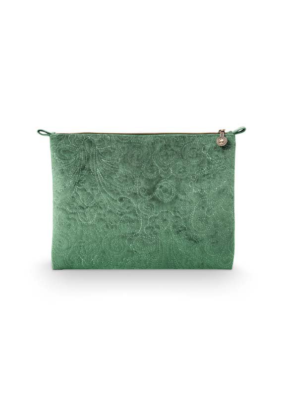 Cosmetic Flat Pouch Large Velvet Quilted Green 30x22x1cm