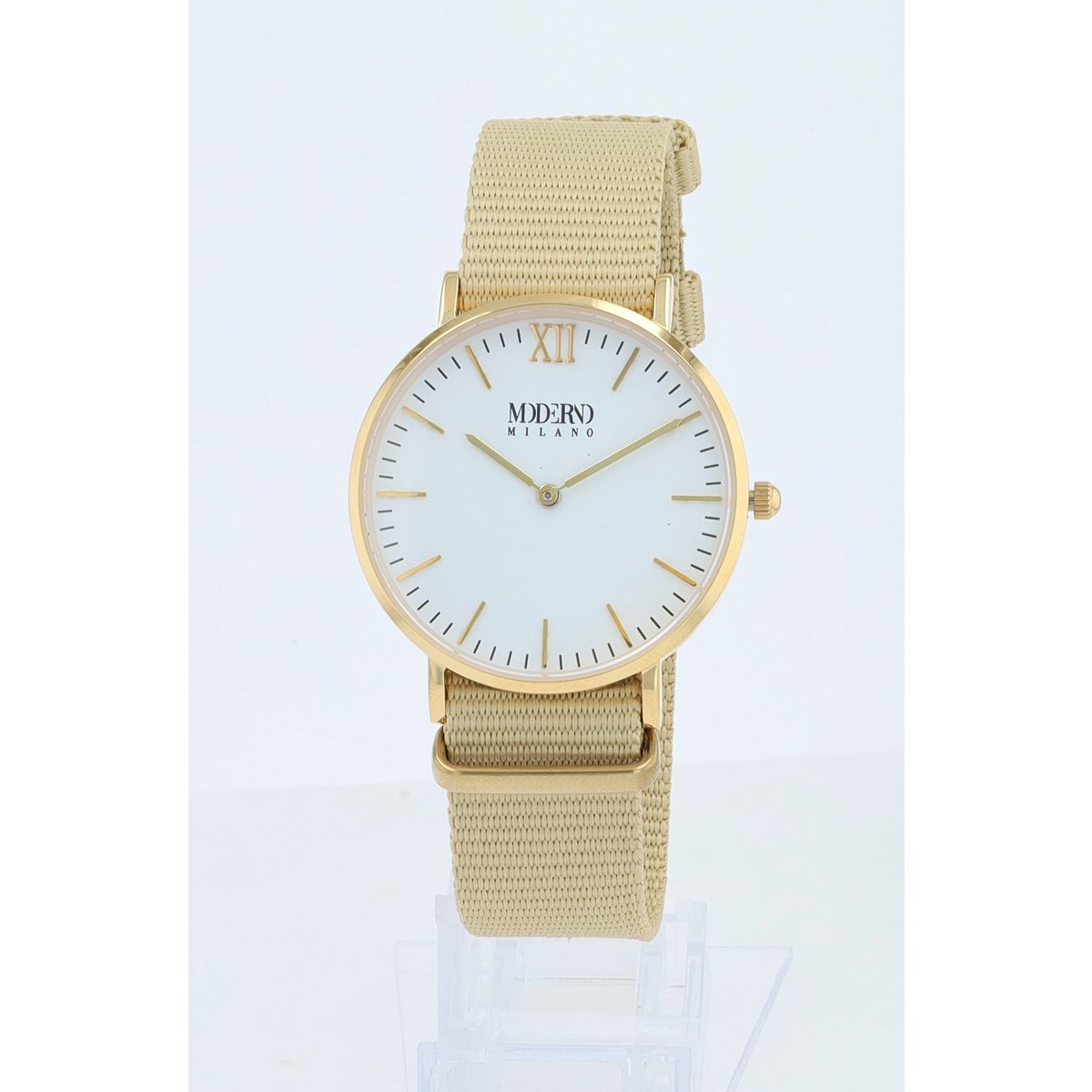 Moderno Milano stainless steel women's watch 36.5 mm, sapphire crystal & nylon NATO strap (beige), gold-colored