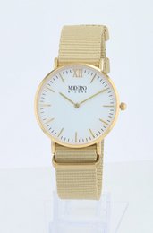 Moderno Milano stainless steel women's watch 36.5 mm, sapphire crystal & nylon NATO strap (beige), gold-colored