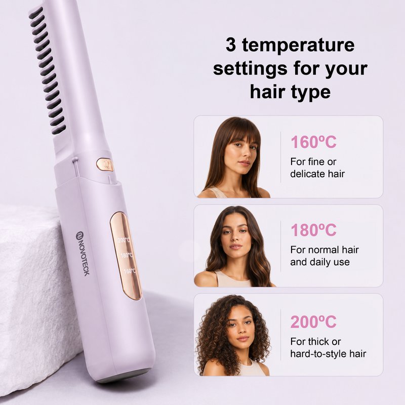 NOVOTECK HT-002 Cepillo para alisar y peinar el cabello 2 en 1 - Recargable, 3 configuraciones de temperatura, 1500 mAh, carga USB-C