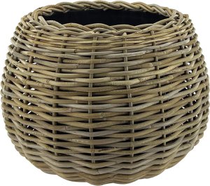Rattan -Pflanzenkorb - Ø 45 x 34 cm - runder haltbarer Blütenknopf mit wasserdichtem Innentopf - Graukorb für Innenpflanzen - Drypot -Design