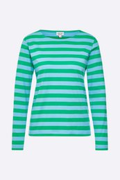  Green and white striped long-sleeved women's t-shirt made of double jersey fabric.