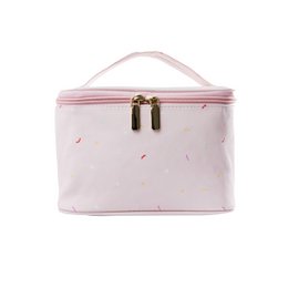 Pink beauty case with small floral pattern, rectangular shape, gold hardware, kids toiletry organizer bag.